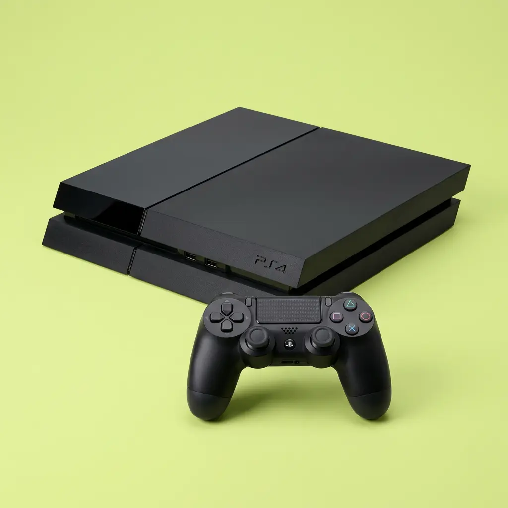 Black PS4 console and DualShock controller on a lime studio background